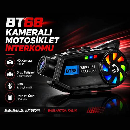 BT68 Kameralı Bluetooth Motosiklet Interkomu | HD Kayıt, 6 Kişilik Bağlantı